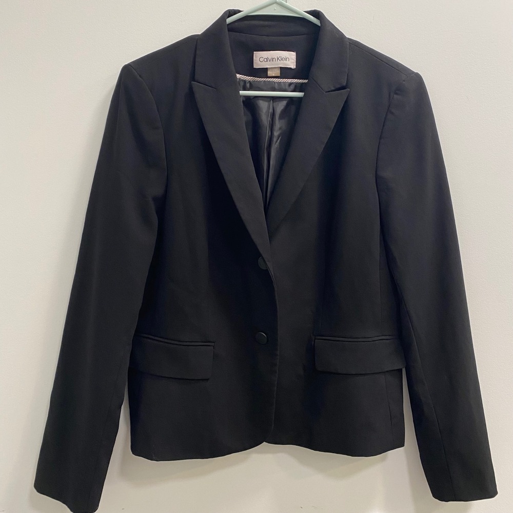 Calvin Klein Blazer Women 12 Black 2-Button Lined Business Professional Office